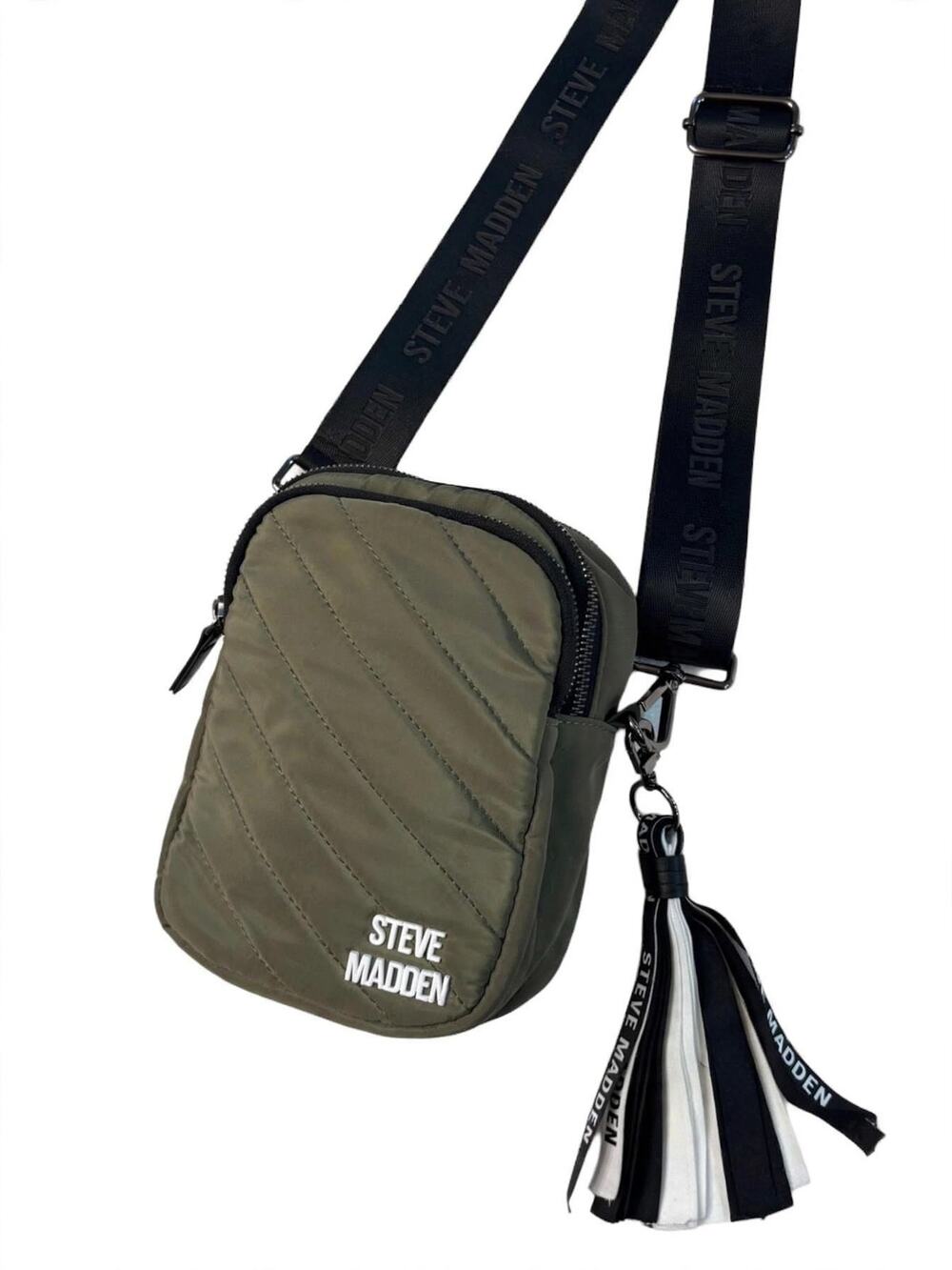 Steve Madden Olive Quilted Nylon Crossbody Bag Mini Messenger Tassel Logo Strap